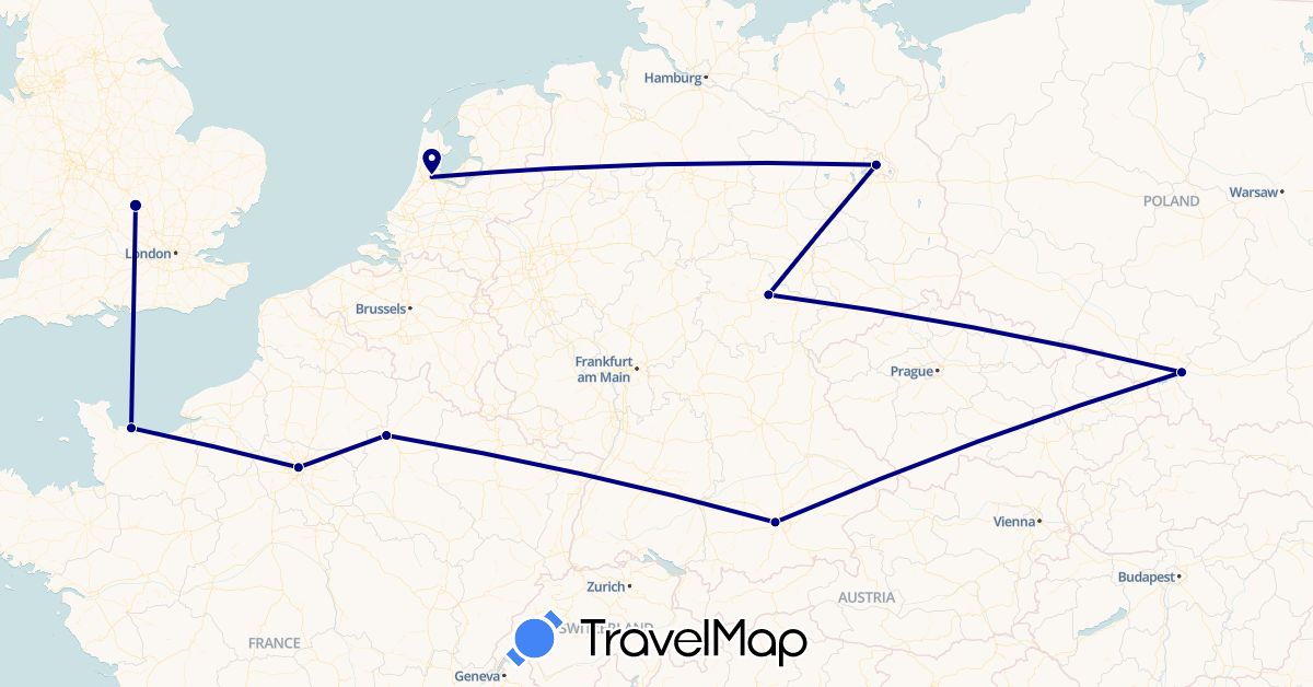 TravelMap itinerary: driving in Germany, France, United Kingdom, Netherlands, Poland (Europe)